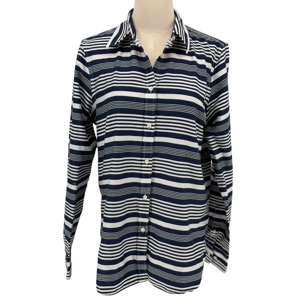 Chaps Button Down Shirt Navy Blue White Striped 100% Cotton Large